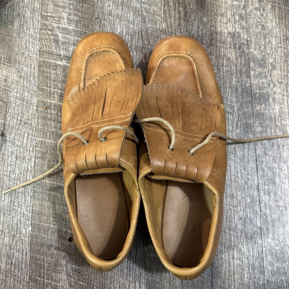 Vintage Style Mens Golf Shoes 11 M Tan Kiltie Fringe Moc Toe Metal Spikes USA